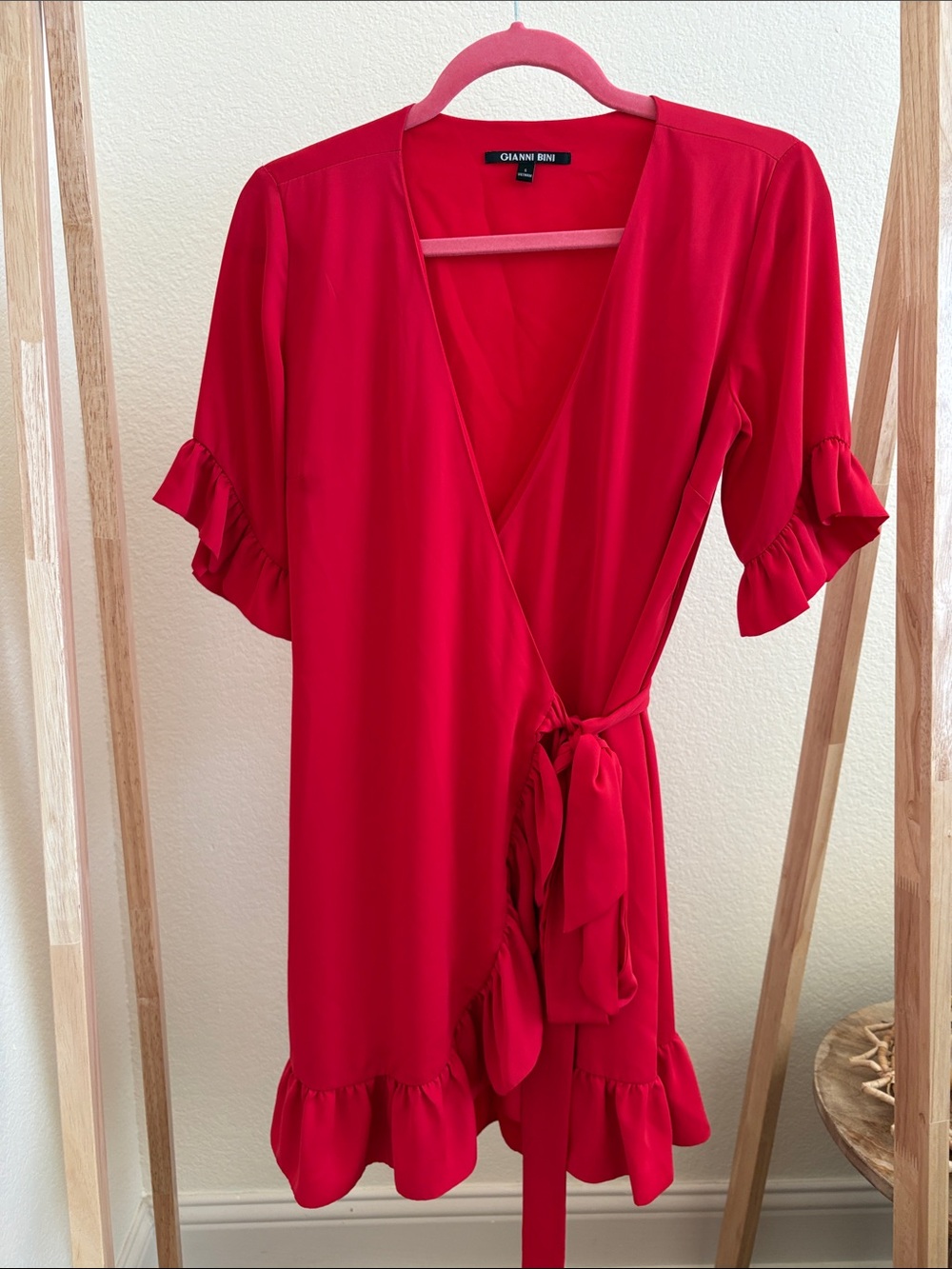 Gianni Bini Bright Red Wrap Mini Dress with Ruffle Trim